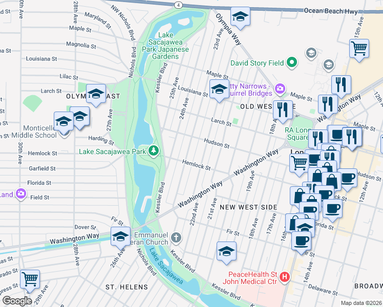 map of restaurants, bars, coffee shops, grocery stores, and more near 1240 23rd Avenue in Longview