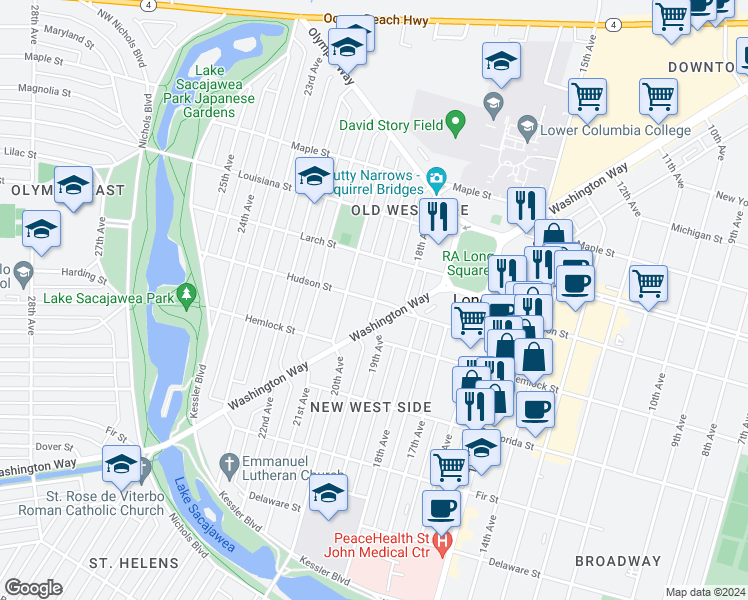 map of restaurants, bars, coffee shops, grocery stores, and more near 1901 Hudson Street in Longview