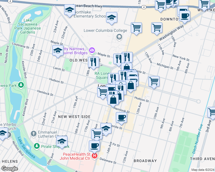 map of restaurants, bars, coffee shops, grocery stores, and more near in Longview
