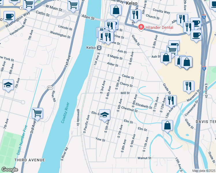 map of restaurants, bars, coffee shops, grocery stores, and more near 907 South 4th Avenue in Kelso