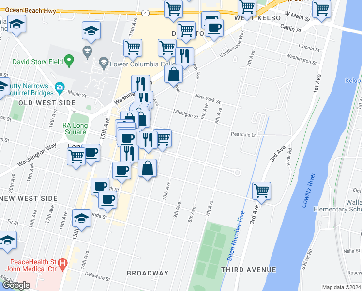 map of restaurants, bars, coffee shops, grocery stores, and more near 1434 10th Avenue in Longview