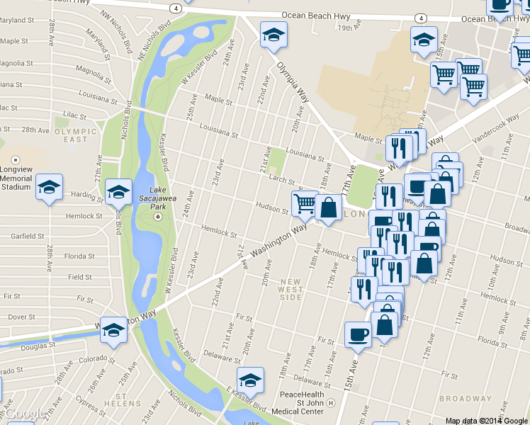 map of restaurants, bars, coffee shops, grocery stores, and more near 1303 20th Avenue in Longview
