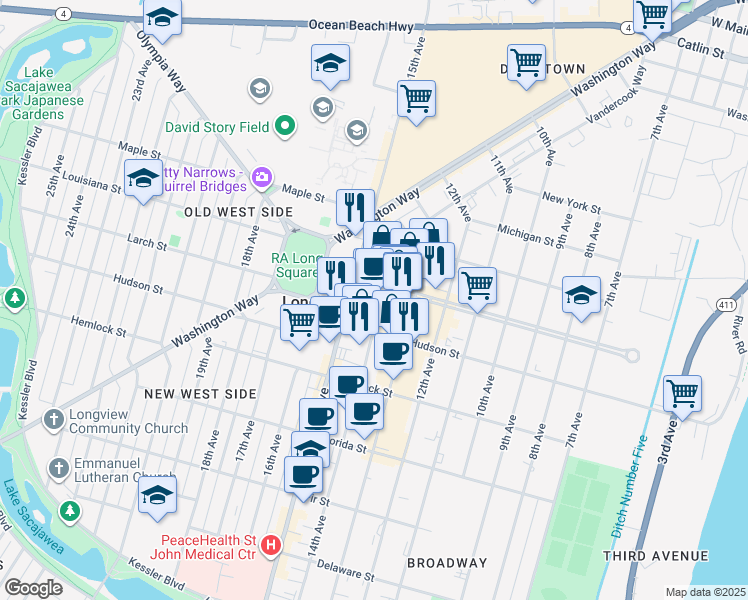 map of restaurants, bars, coffee shops, grocery stores, and more near 1347 14th Avenue in Longview