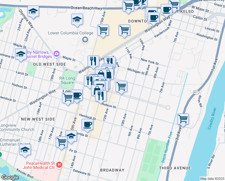 map of restaurants, bars, coffee shops, grocery stores, and more near 1403 12th Avenue in Longview