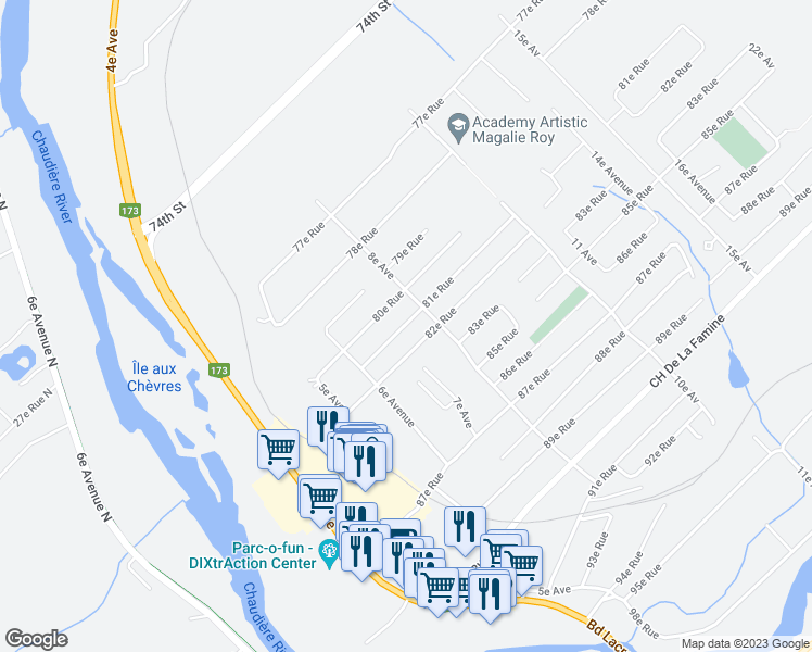 map of restaurants, bars, coffee shops, grocery stores, and more near 760 81e Rue in Saint-Georges