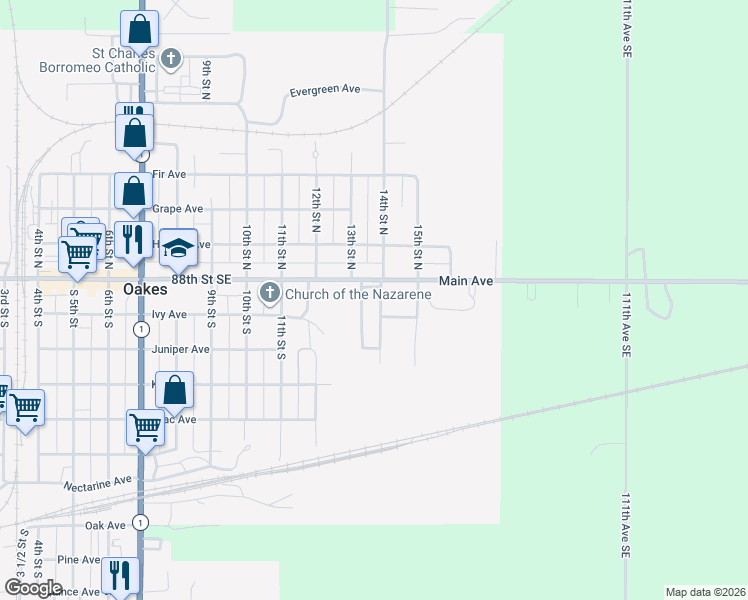 map of restaurants, bars, coffee shops, grocery stores, and more near South 14th Street in Oakes