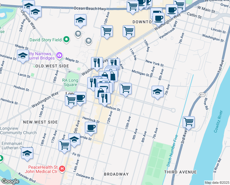 map of restaurants, bars, coffee shops, grocery stores, and more near 1403 12th Avenue in Longview