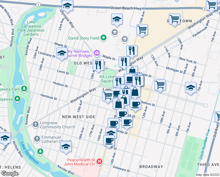 map of restaurants, bars, coffee shops, grocery stores, and more near 1301 16th Avenue in Longview