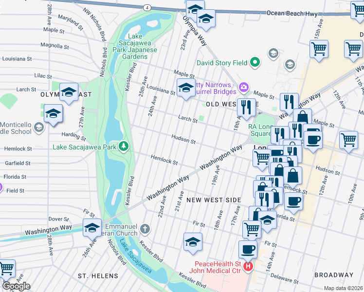 map of restaurants, bars, coffee shops, grocery stores, and more near 1243 21st Avenue in Longview
