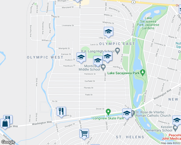 map of restaurants, bars, coffee shops, grocery stores, and more near 2908 Hemlock Street in Longview