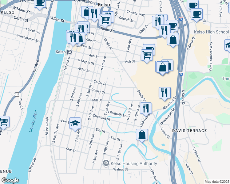 map of restaurants, bars, coffee shops, grocery stores, and more near 812 South 8th Avenue in Kelso