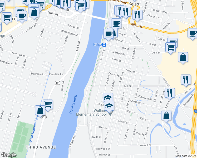 map of restaurants, bars, coffee shops, grocery stores, and more near 9 1st Avenue South in Kelso