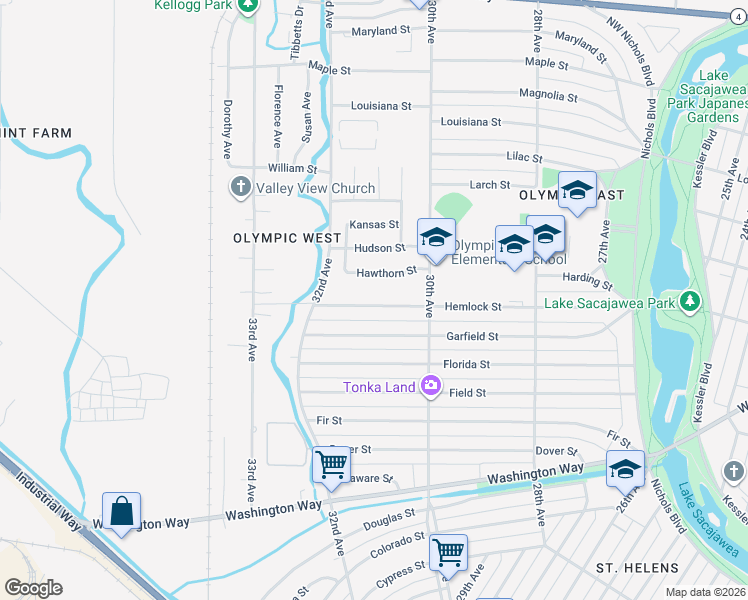 map of restaurants, bars, coffee shops, grocery stores, and more near 3102 Hemlock Street in Longview