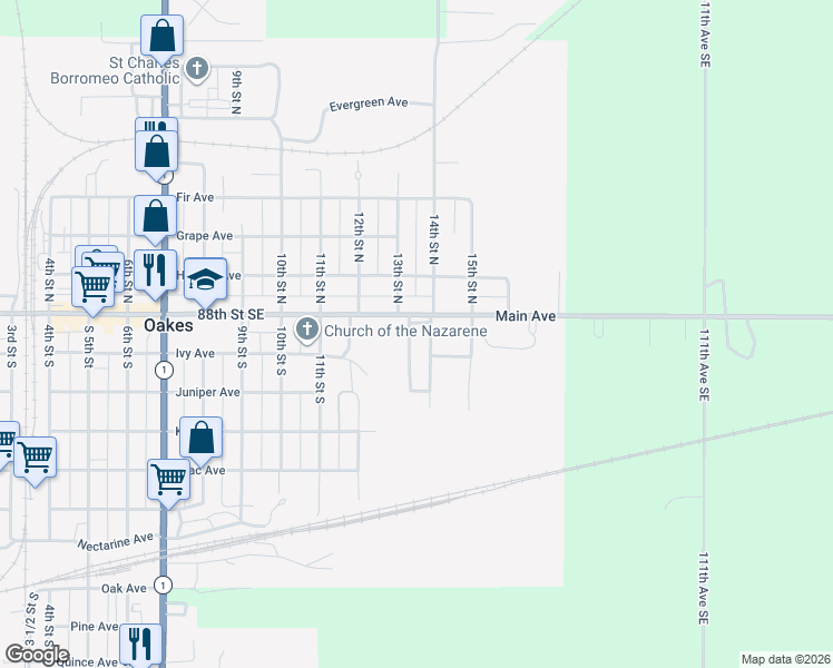 map of restaurants, bars, coffee shops, grocery stores, and more near South 14th Street in Oakes