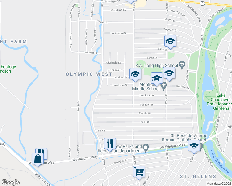 map of restaurants, bars, coffee shops, grocery stores, and more near 3102 Hemlock Street in Longview