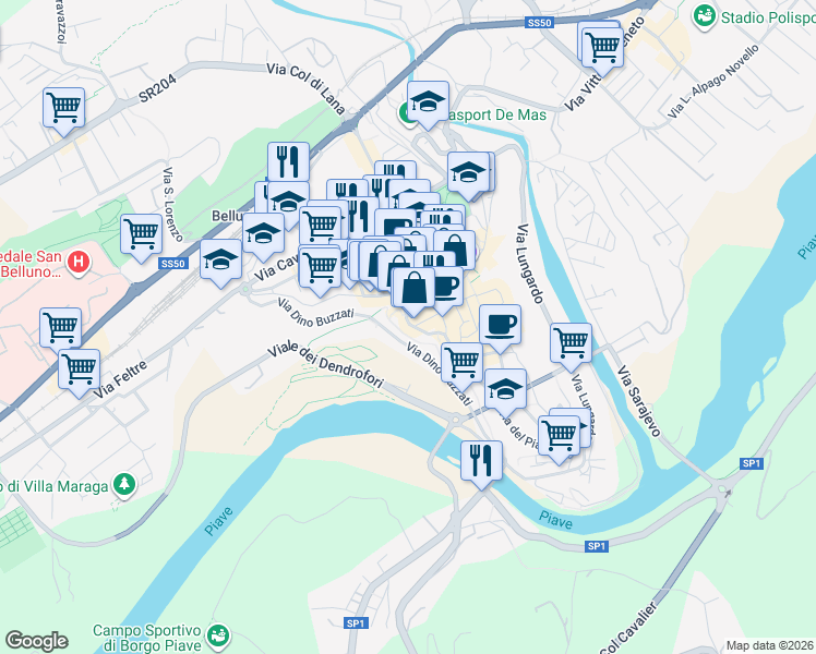 map of restaurants, bars, coffee shops, grocery stores, and more near 4bis Piazza Castello in Belluno