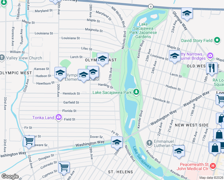 map of restaurants, bars, coffee shops, grocery stores, and more near 2633 Harding Street in Longview
