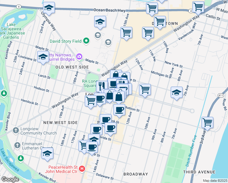 map of restaurants, bars, coffee shops, grocery stores, and more near 1347 14th Avenue in Longview