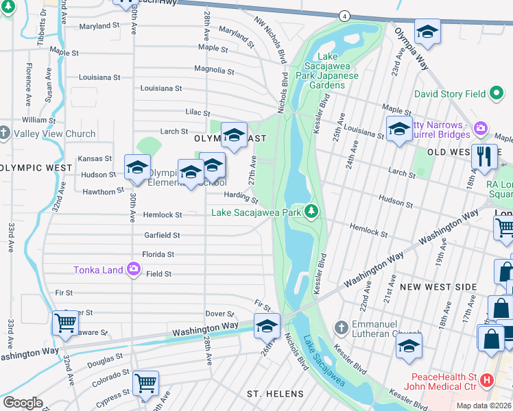 map of restaurants, bars, coffee shops, grocery stores, and more near 2633 Harding Street in Longview