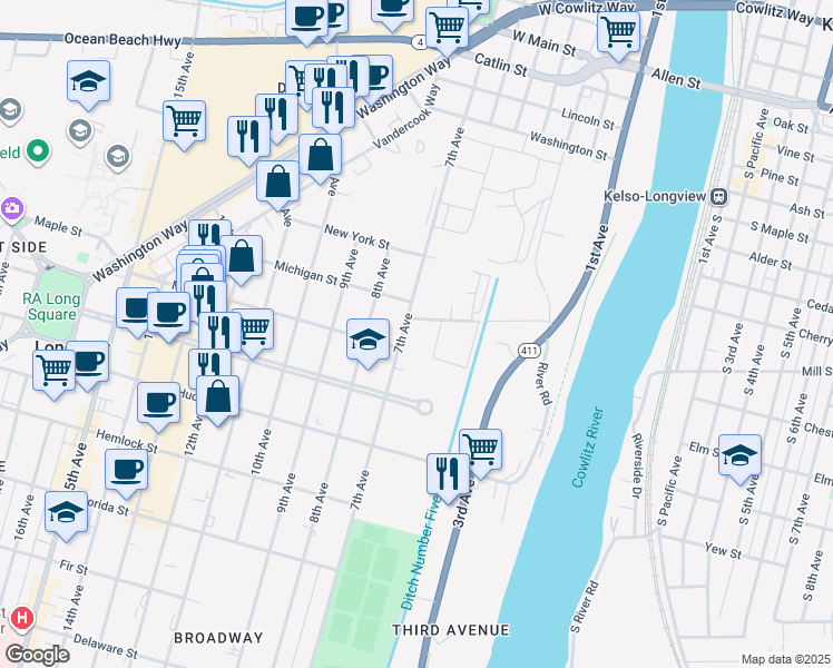 map of restaurants, bars, coffee shops, grocery stores, and more near 1516 7th Avenue in Longview