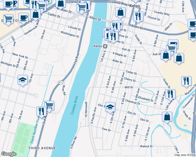map of restaurants, bars, coffee shops, grocery stores, and more near 9 1st Avenue South in Kelso