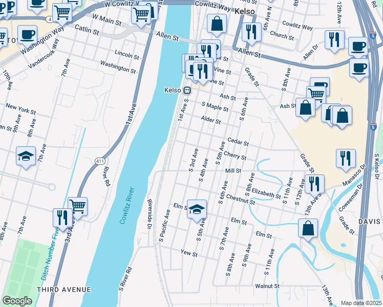 map of restaurants, bars, coffee shops, grocery stores, and more near 905 3rd Avenue South in Kelso