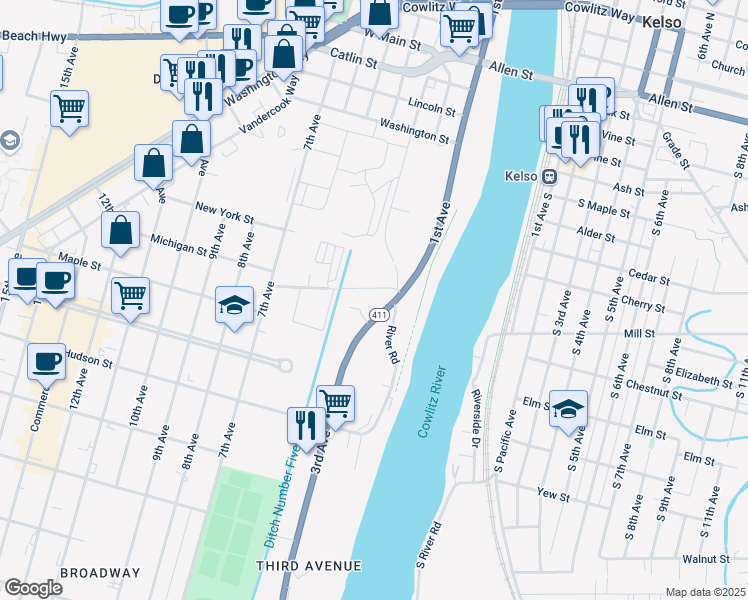 map of restaurants, bars, coffee shops, grocery stores, and more near 1555 3rd Avenue in Longview