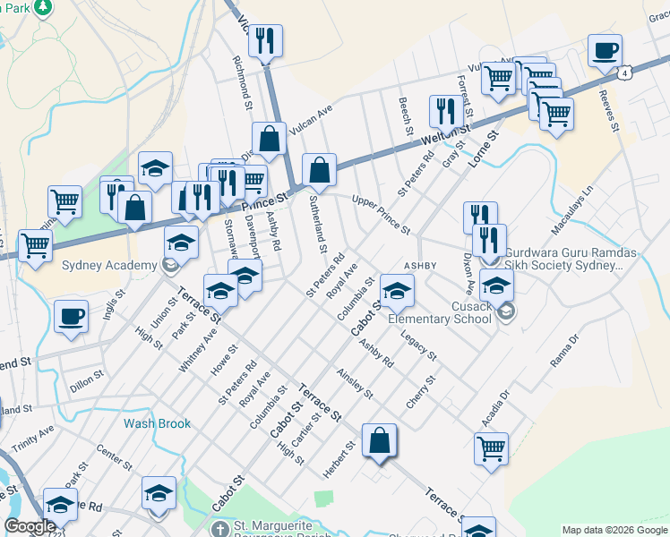 map of restaurants, bars, coffee shops, grocery stores, and more near 360 Saint Peters Road in Sydney