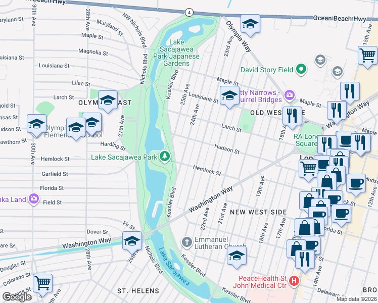 map of restaurants, bars, coffee shops, grocery stores, and more near 1228 24th Avenue in Longview