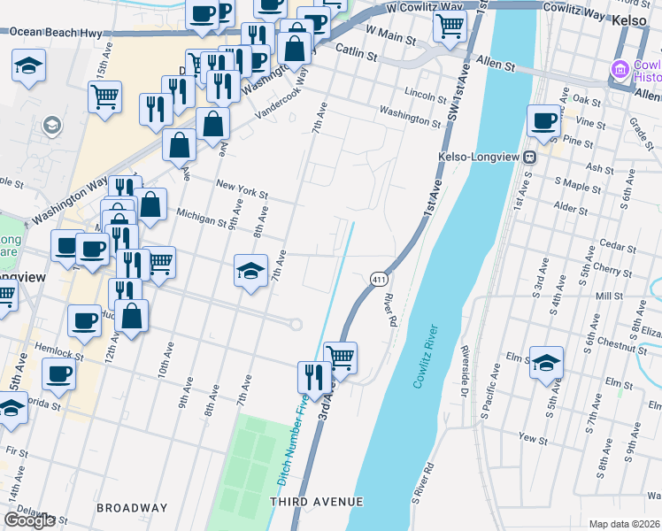 map of restaurants, bars, coffee shops, grocery stores, and more near 575 Peardale Lane in Longview