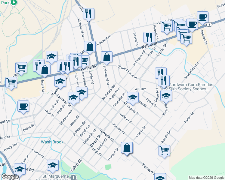 map of restaurants, bars, coffee shops, grocery stores, and more near 360 Saint Peters Road in Sydney