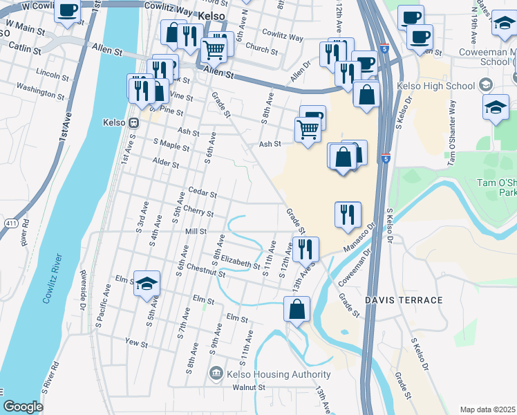map of restaurants, bars, coffee shops, grocery stores, and more near 908 Cedar Street in Kelso
