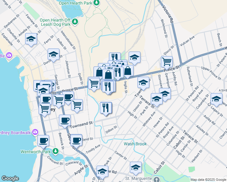 map of restaurants, bars, coffee shops, grocery stores, and more near 322 Prince Street in Sydney