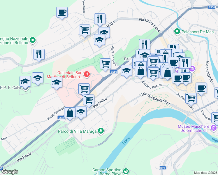 map of restaurants, bars, coffee shops, grocery stores, and more near 86 Via Feltre in Belluno