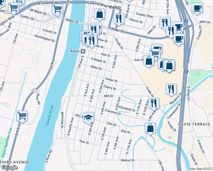 map of restaurants, bars, coffee shops, grocery stores, and more near 503 Cherry Street in Kelso
