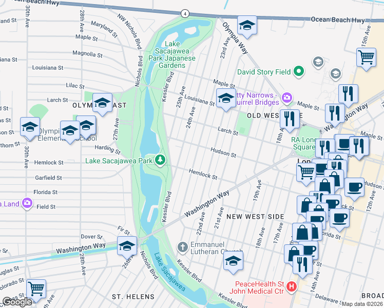 map of restaurants, bars, coffee shops, grocery stores, and more near 1228 24th Avenue in Longview