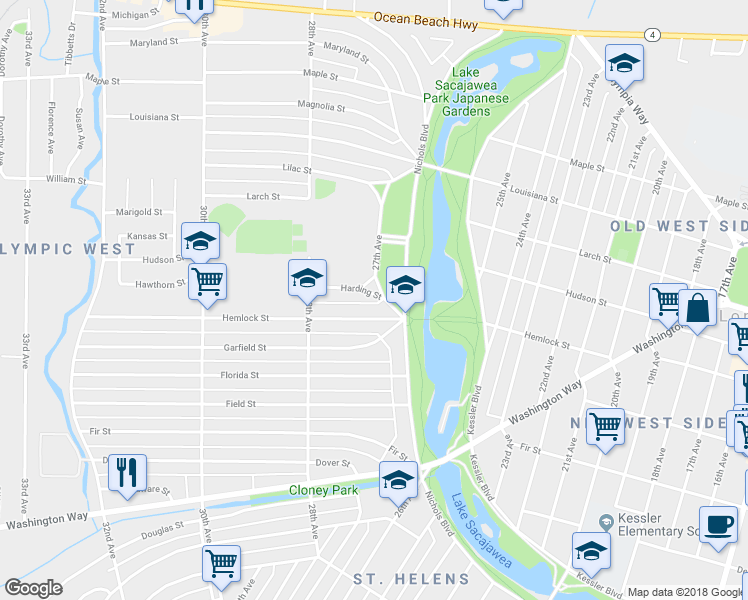 map of restaurants, bars, coffee shops, grocery stores, and more near 2633 Harding Street in Longview