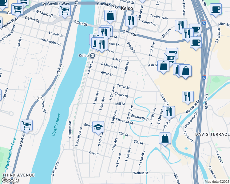 map of restaurants, bars, coffee shops, grocery stores, and more near 503 Cherry Street in Kelso