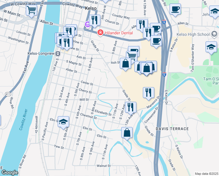 map of restaurants, bars, coffee shops, grocery stores, and more near 908 Cedar Street in Kelso