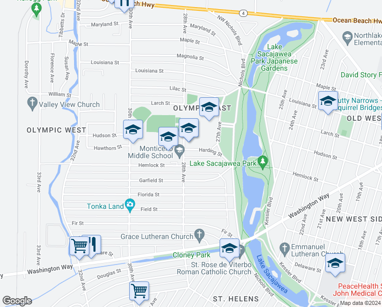 map of restaurants, bars, coffee shops, grocery stores, and more near 2739 Harding Street in Longview