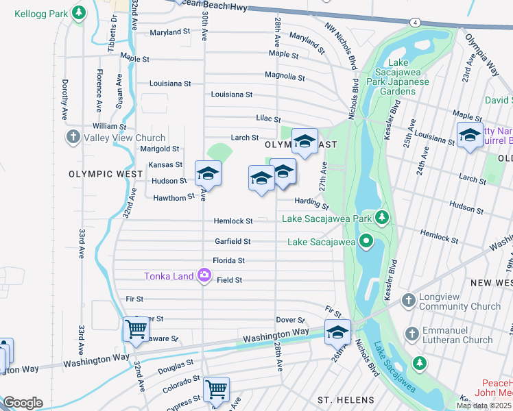 map of restaurants, bars, coffee shops, grocery stores, and more near 1225 28th Avenue in Longview