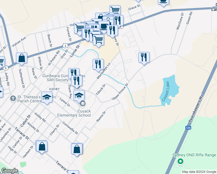 map of restaurants, bars, coffee shops, grocery stores, and more near 66 Tillock Drive in Sydney