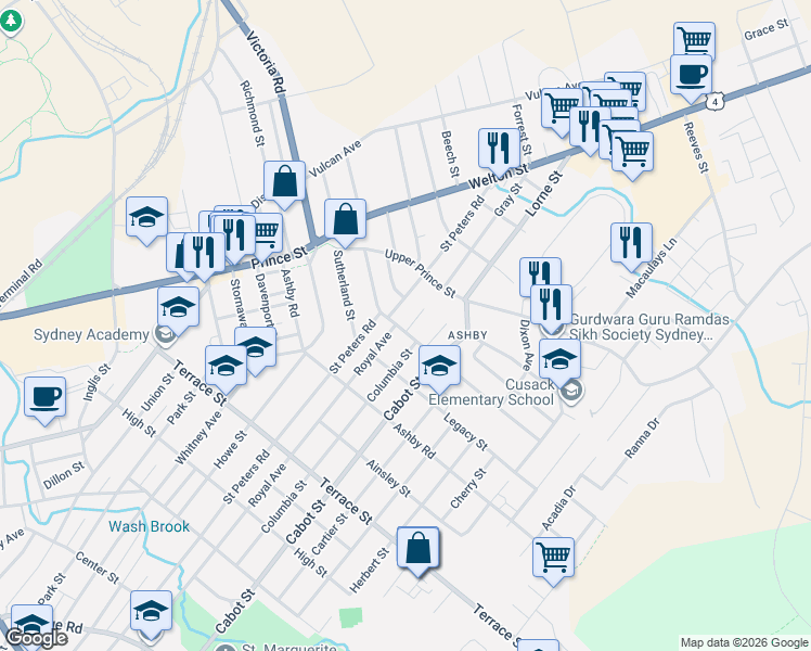 map of restaurants, bars, coffee shops, grocery stores, and more near 195 Lisgard Street in Sydney