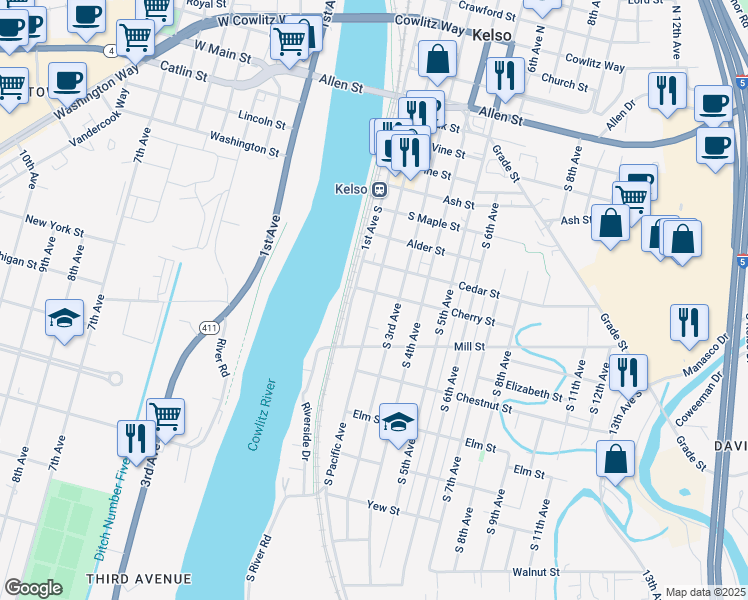 map of restaurants, bars, coffee shops, grocery stores, and more near 905 3rd Avenue South in Kelso