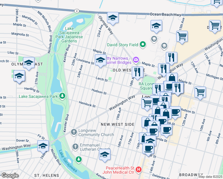 map of restaurants, bars, coffee shops, grocery stores, and more near 1303 20th Avenue in Longview