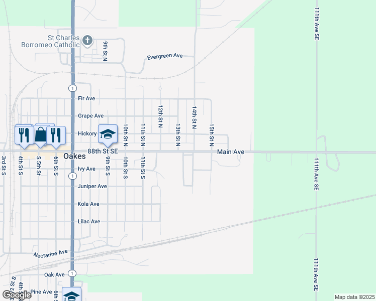 map of restaurants, bars, coffee shops, grocery stores, and more near South 14th Street in Oakes