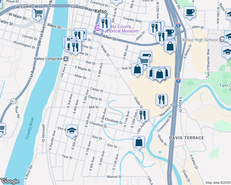 map of restaurants, bars, coffee shops, grocery stores, and more near 709 South 9th Avenue in Kelso