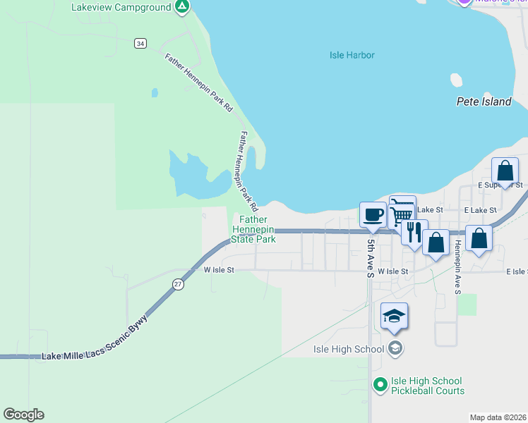 map of restaurants, bars, coffee shops, grocery stores, and more near 900 County Road 34 in Isle