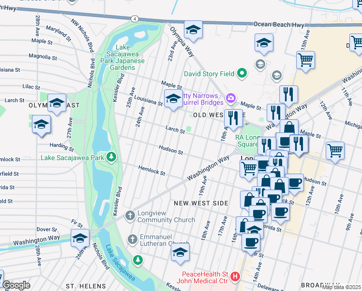 map of restaurants, bars, coffee shops, grocery stores, and more near 1314 21st Avenue in Longview