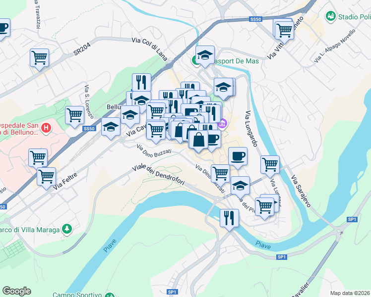 map of restaurants, bars, coffee shops, grocery stores, and more near 4bis Piazza Castello in Belluno